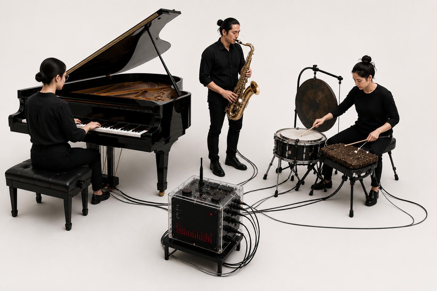 Three musicians — piano, saxophone, and percussion — playing together with the Free Clicker hub between them