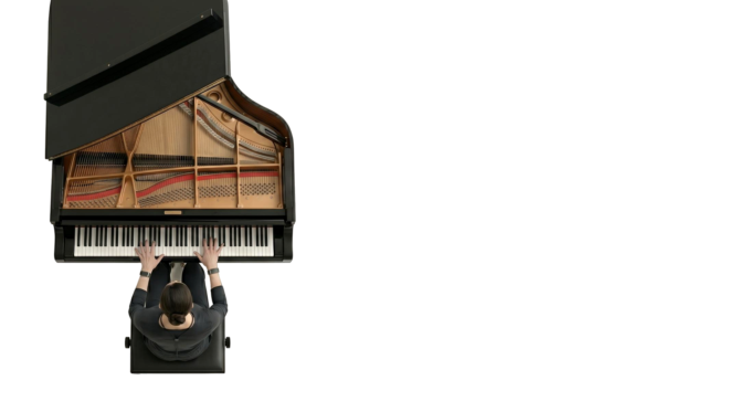 Top-down view of a pianist at a grand piano with the Free Clicker capture field