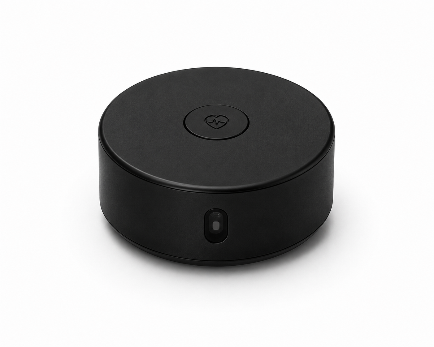 Free Clicker body sensor — matte black disc with heart icon and status LED