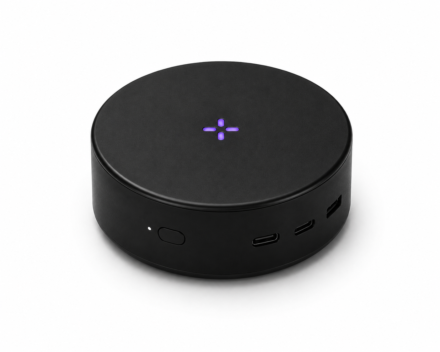 Free Clicker gesture hub — matte black disc with purple LED cross and USB-C ports